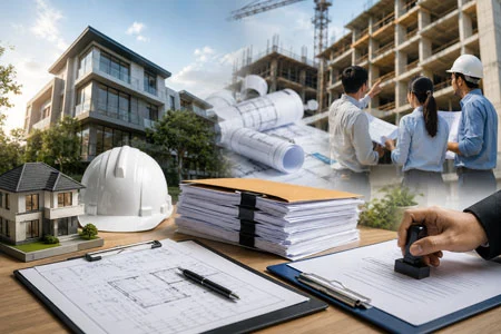 Arsitek dan insinyur menyusun gambar struktur dan gambar arsitektur bangunan menggunakan blueprint, model 3D, serta perangkat CAD untuk perencanaan konstruksi profesional.