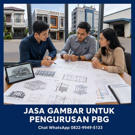 Arsitek dan insinyur memeriksa gambar untuk pengurusan PBG Jakarta Timur