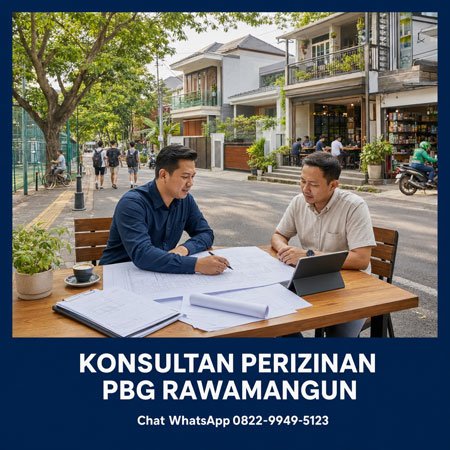 Konsultan perizinan PBG Rawamangun Jakarta Timur memeriksa gambar dan dokumen bangunan