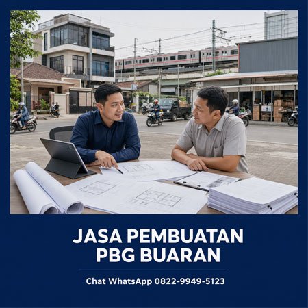 Konsultan jasa pembuatan PBG Buaran Jakarta Timur memeriksa gambar dan dokumen bangunan