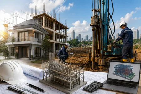 Tim insinyur melakukan pengkajian struktur reklame billboard dan tower BTS menggunakan alat survei serta analisis teknis untuk memastikan keamanan dan kelayakan konstruksi.