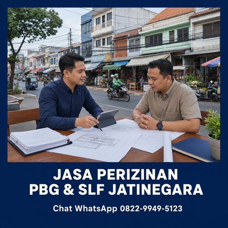 Konsultan jasa perizinan PBG dan SLF Jatinegara Jakarta Timur memeriksa gambar bangunan