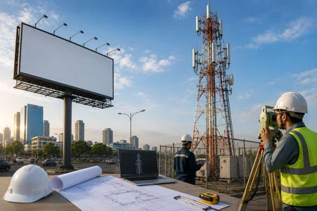 Teknisi melakukan uji sondir tanah dan insinyur menganalisis perhitungan struktur bangunan menggunakan model struktur 3D, blueprint, dan peralatan survei untuk perencanaan pondasi yang aman.