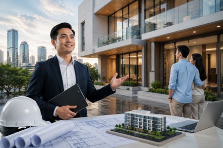 Konsultan PBG memeriksa blueprint dan maket bangunan